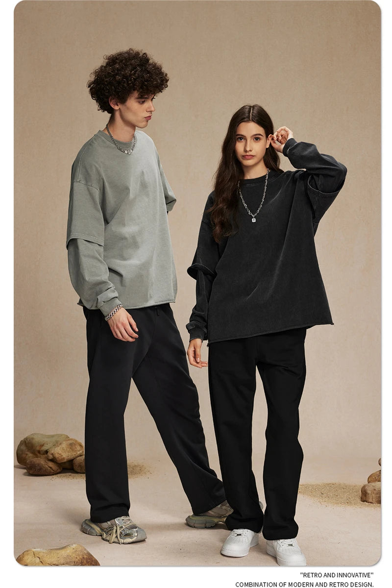 ZODF Retro Autumn Men Washed Cotton T-Shirts Unisex Loose Edge Fake 2-Piece 345gsm Full Sleeve O Neck T Shirt Brand Tops HY0928