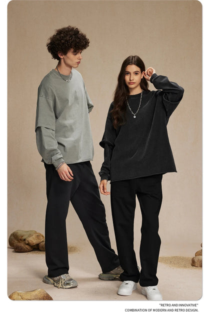 ZODF Retro Autumn Men Washed Cotton T-Shirts Unisex Loose Edge Fake 2-Piece 345gsm Full Sleeve O Neck T Shirt Brand Tops HY0928