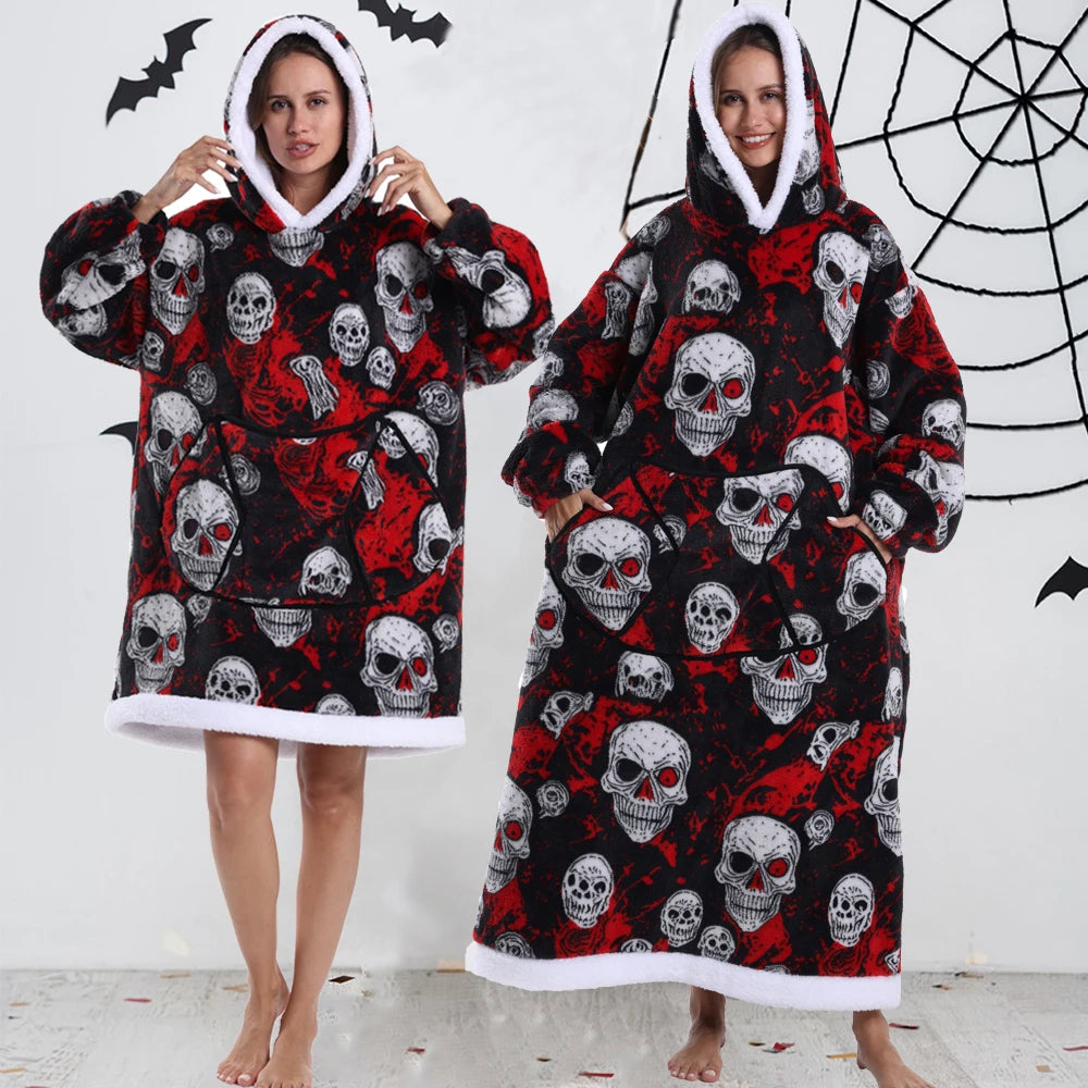 Short/Long Hoodie Blanket for Adults Winter Soft Thicken Warm Wearable Blanket Hoodie with Sleeves Halloween Pajamas for Couples