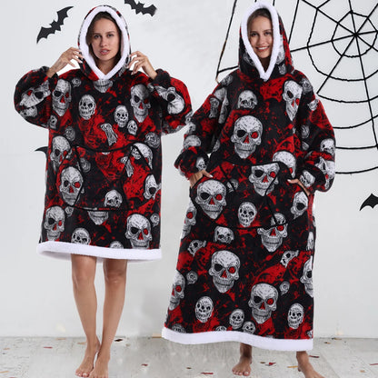 Short/Long Hoodie Blanket for Adults Winter Soft Thicken Warm Wearable Blanket Hoodie with Sleeves Halloween Pajamas for Couples