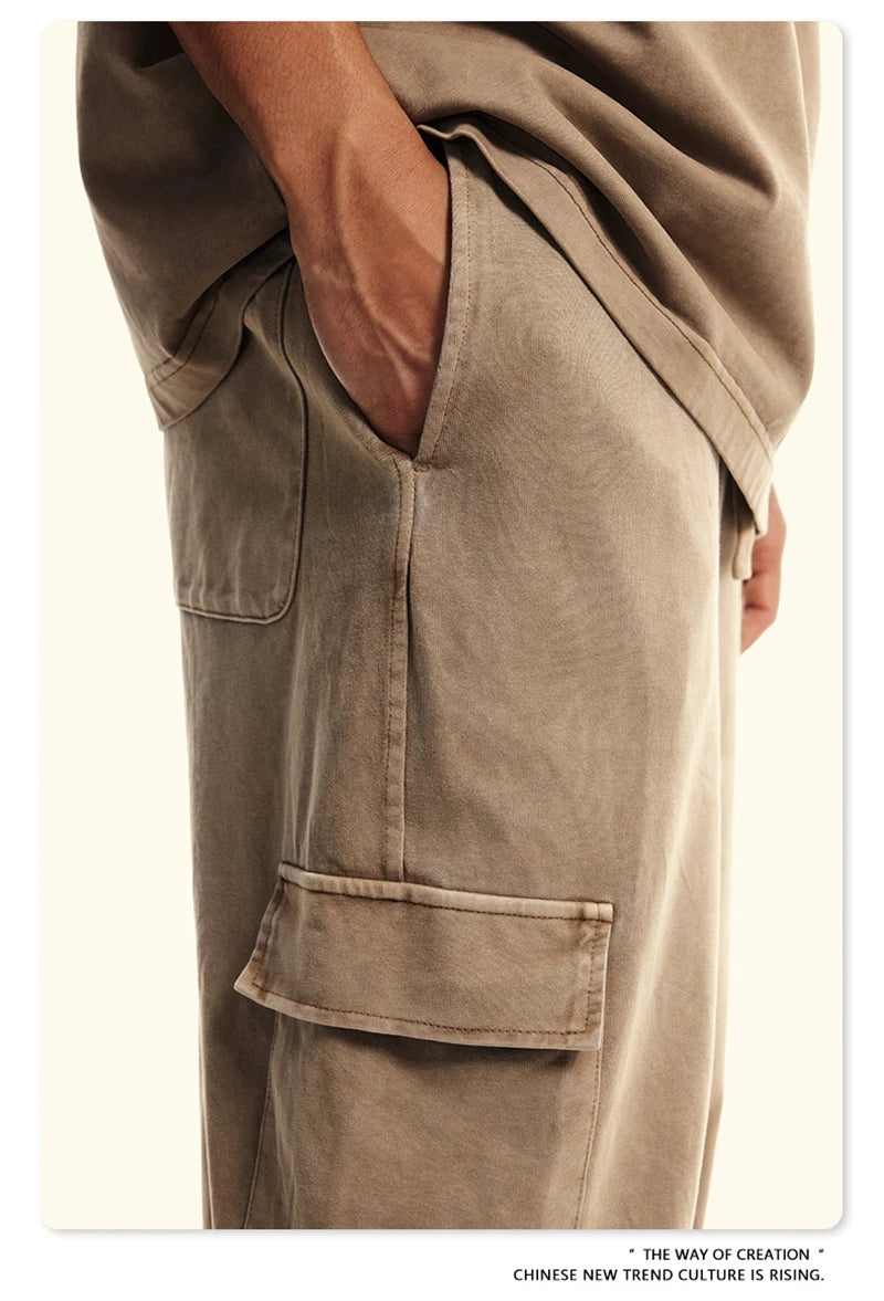 ZODF New 2024 Spring Summer 358gsm Cotton Cargo Pants For Men Unisex Casual Washed Straight Multi-Pockets Loose Trousers HY0829