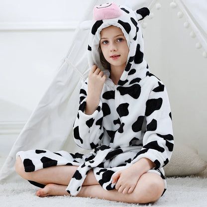 Toddler Boys Bathrobe Girl Sleepwear Winter Flannel Hooded Bath Towel Teen Dinosaur Cow Pjs Animal Pajamas Robe Children Clothes