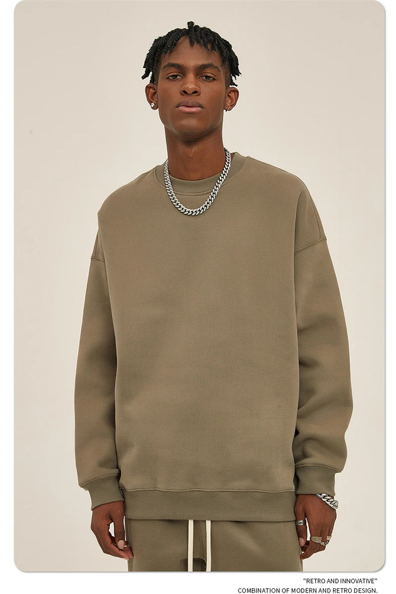 ZODF New 2025 Winter 350gsm Fleece Sweatshirts For Men Unisex Casual Loose Basic Solid O-Neck Thick Warm Pullovers HY0635