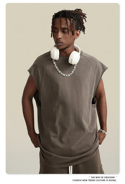 ZODF American Retro Men Washed Solid Tank Tops Women Unisex Loose Edge 275gsm Cotton Sleeveless Tees Brand Streetwears HY0503