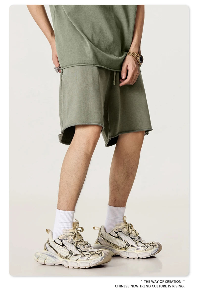 ZODF Retro Summer Washed 370gsm Cotton Shorts For Men Unisex High Street Loose Edge Distressed Solid Shorts Brand Clothes HY1023