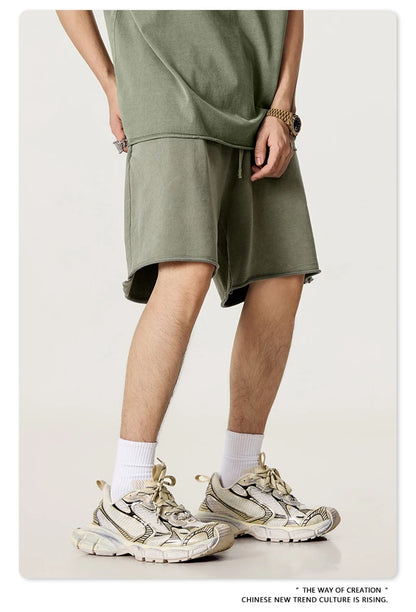 ZODF Retro Summer Washed 370gsm Cotton Shorts For Men Unisex High Street Loose Edge Distressed Solid Shorts Brand Clothes HY1023