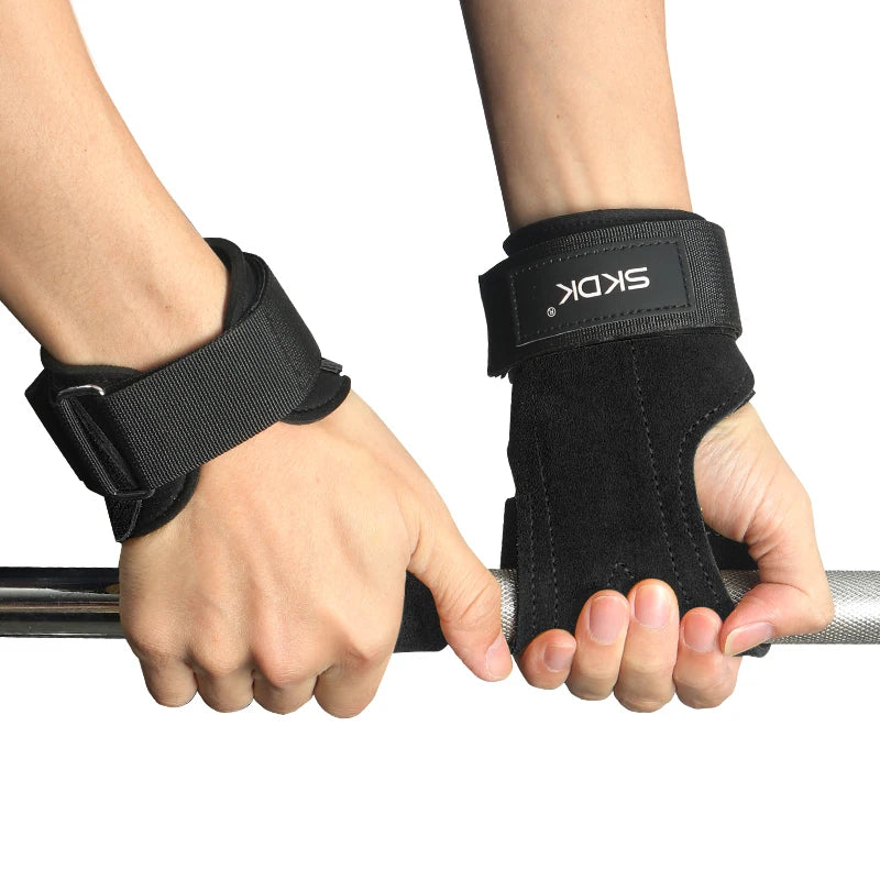 SKDK Gym Grips Cowhide Palm Guards Weightlifting Gymnastics Workout Gloves Fitness Training Equipment - black