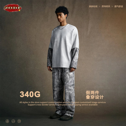 ZODF 2025 Autumn 340gsm Fake 2-Piece T-Shirt For Man Unisex Oversized Heat Transfer Printing Long Sleeve T Shirts Tee HY1151