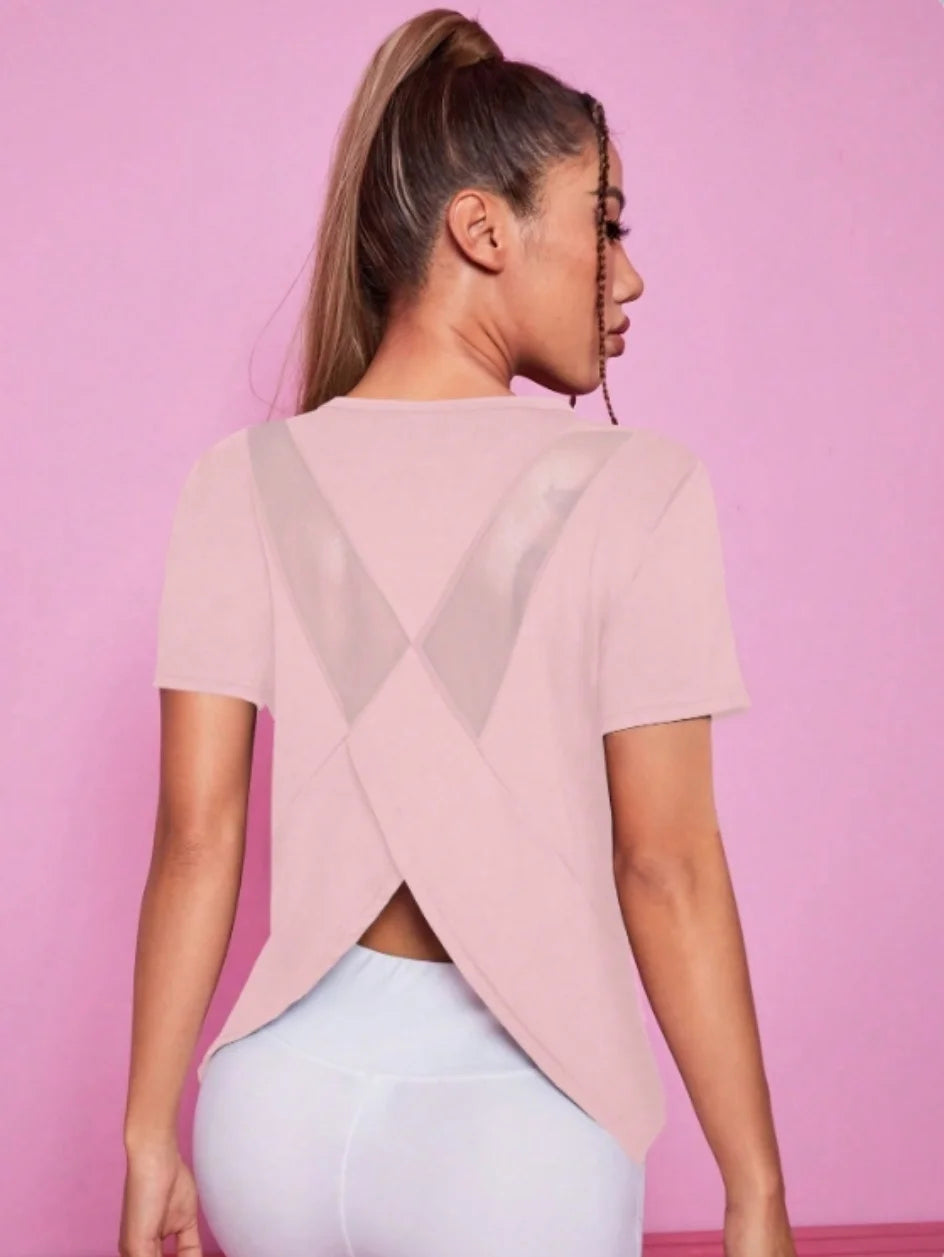 Women’s Summer Yoga T-Shirt Short Sleeve Breathable Quick Dry Mesh Back Fitness Top Loose Fit - Pink / L