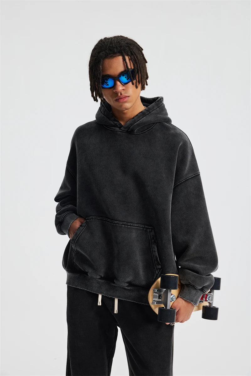 ZODF Retro 2025 Winter Man Washed Boxy Fleece Hoodies Unisex 370gsm Loose Hooded Pullovers Sweatshirt Streetwears HY1129