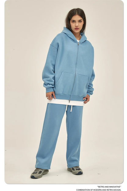 ZODF New Men Double Headed Zipper Fleece Hoodies Unisex Loose Basic Solid Warm Hooded Sweatshirts Coats For Winter HY0633