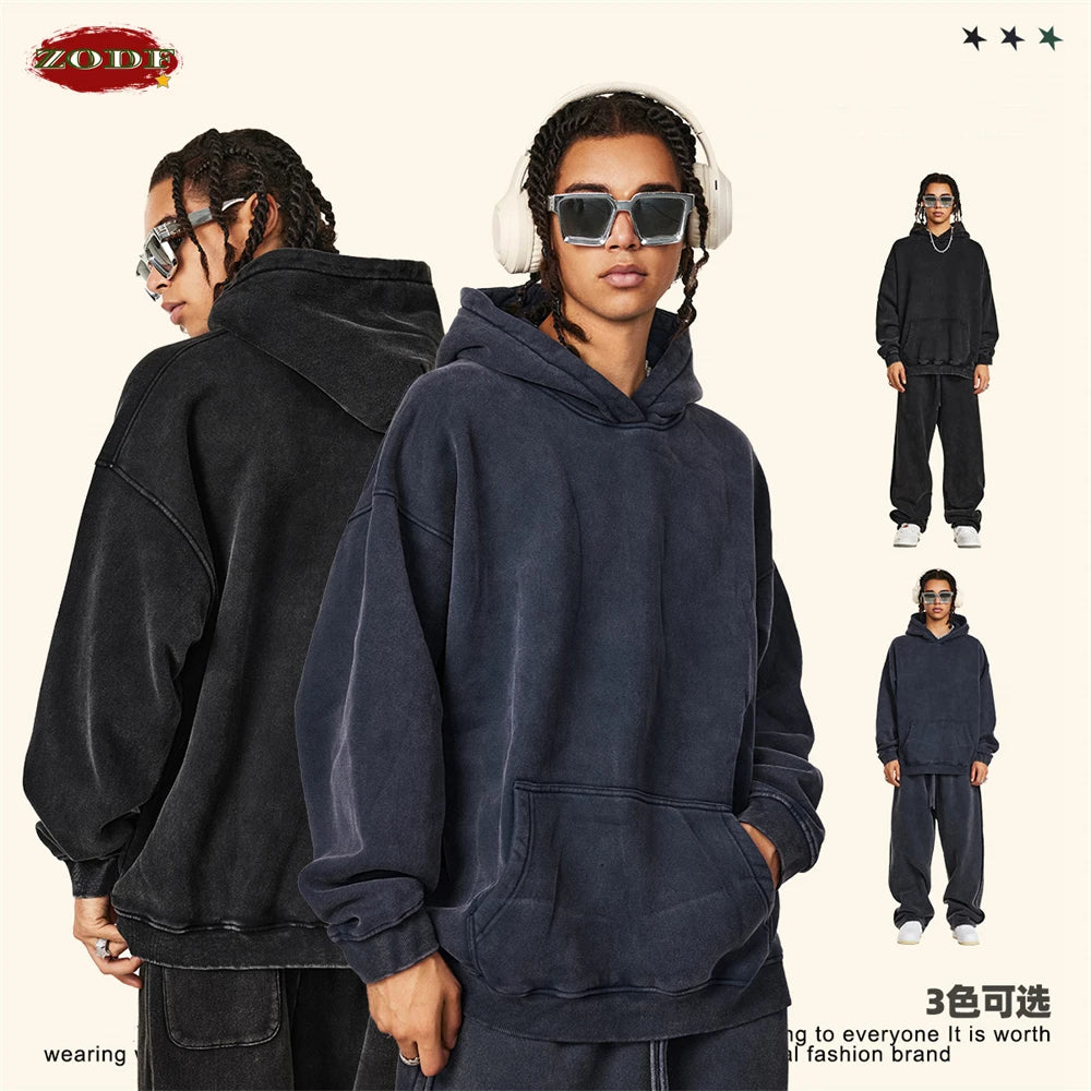 ZODF Retro Men’s Winter Washed Fleece Hoodie 360gsm Warm Knitted Loose Hooded Pullover Streetwear HY0887