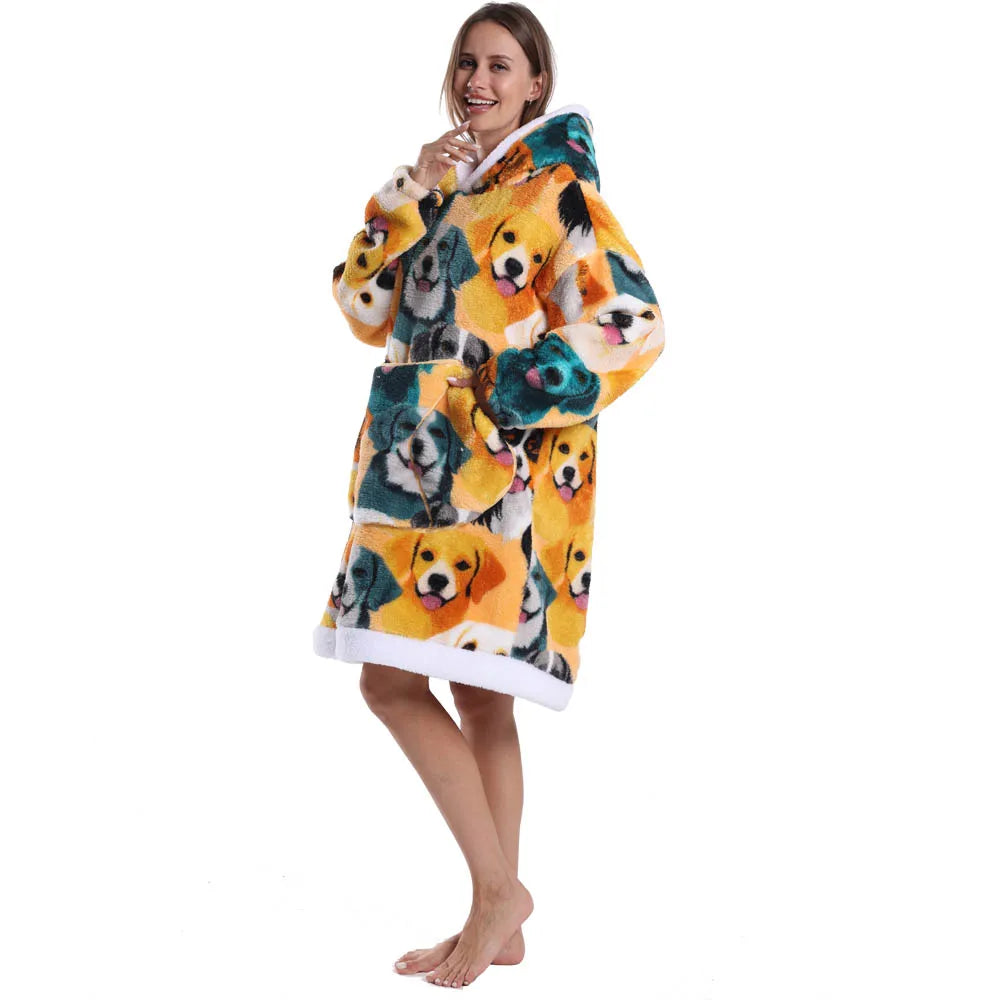 Oversized Hoodie Blanket for Adults Leopard Red Blue Black Fluffy TV Blanket Warm Thick Man Woman Winter Halloween Christmas Pjs