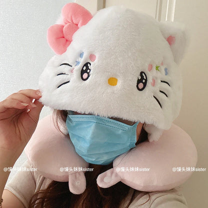 Kawaii Hello Kitty Neck Support Pillow with Hat Soft Plush Travel U-Shaped Pillow Nap Sleeping Cartoon Comfortable Journeys Girl