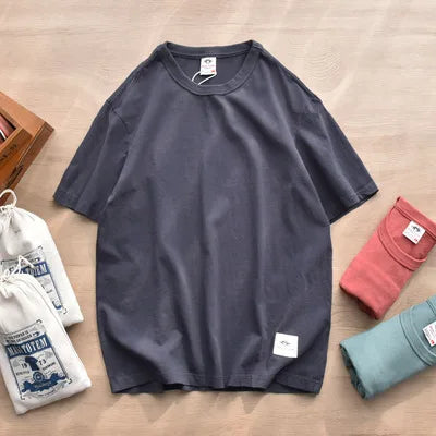 Summer New American Retro Short-sleeved O-neck Soild Color T-shirt Men's Fashion Simple 100% Cotton Washed Casual Sport Tops