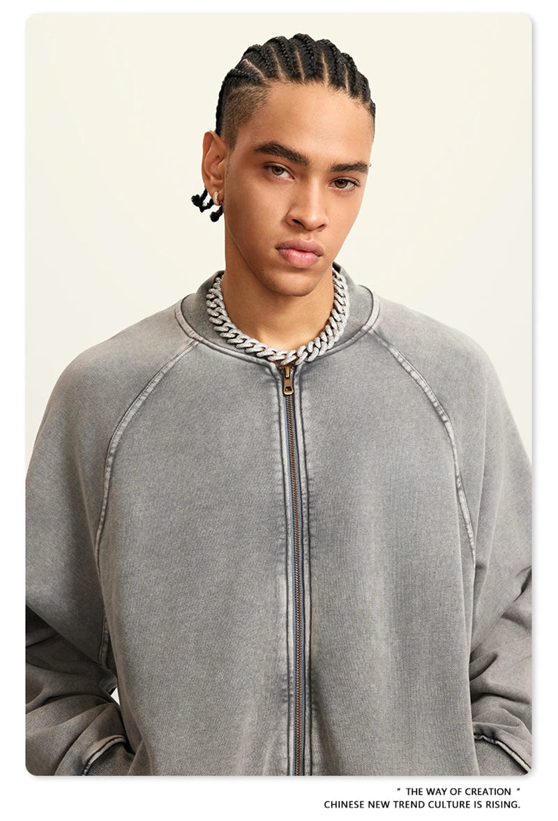 ZODF New Winter Washed Double Zipper Jackets For Men Unisex Loose Heavy Weight 450gsm Raglan Sleeve Cotton Coats HY0654