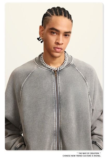 ZODF New Winter Washed Double Zipper Jackets For Men Unisex Loose Heavy Weight 450gsm Raglan Sleeve Cotton Coats HY0654