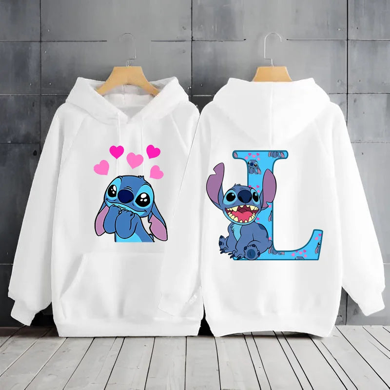 2025 Women's Winter Jacket Cute Kawaii Disney Lilo & Stitch Lucky Letter Print White Hoodie Fashion Couple Streetwear Sportswear
