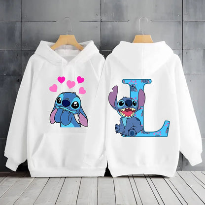 2025 Women's Winter Jacket Cute Kawaii Disney Lilo & Stitch Lucky Letter Print White Hoodie Fashion Couple Streetwear Sportswear