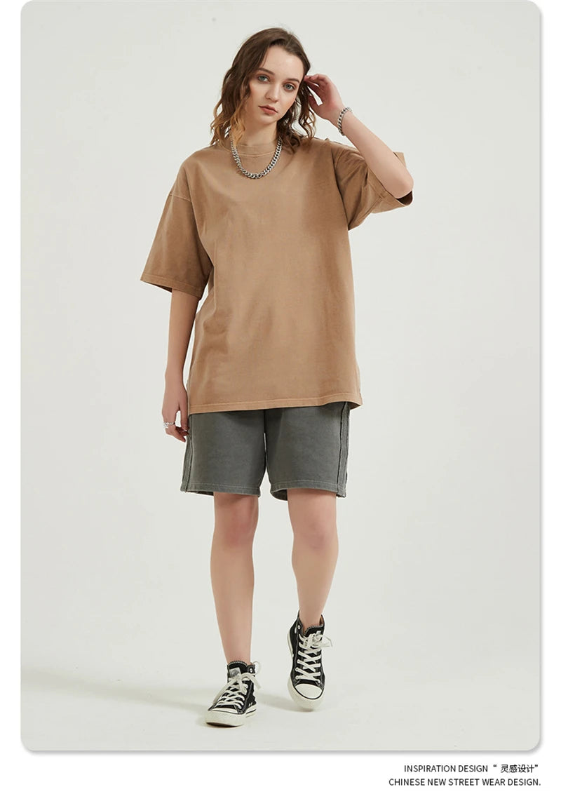 ZODF Men 2024 Retro Summer Washed Solid Cotton T-Shirts Unisex Retro Loose High Street 250gsm Basic Tees Streerwears HY0075