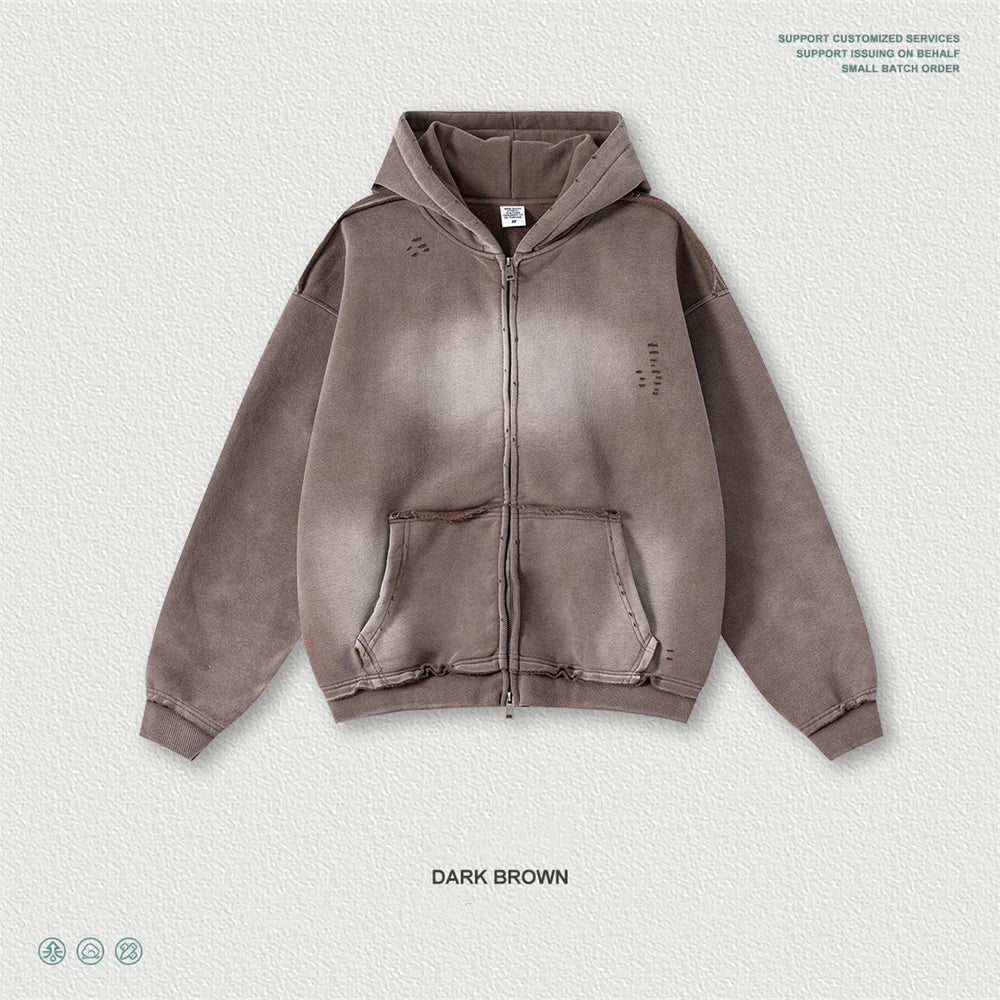 ZODF Retro Winter Men 400gsm Monkey Washed Zipper Hoodie Unisex High Street Loose Edge Ripped Distressed Hooded Pullovers HY1117