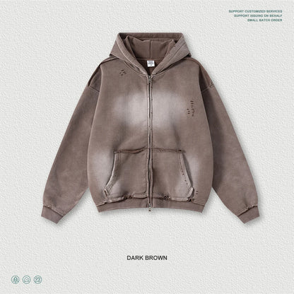 ZODF Retro Winter Men 400gsm Monkey Washed Zipper Hoodie Unisex High Street Loose Edge Ripped Distressed Hooded Pullovers HY1117