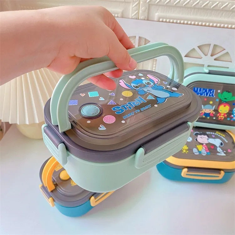 Disney Stitch Cartoon Portable Lunch Box Child Student Hermetic Bento Box Office Portable Double Layer Lunch Box High Capacity