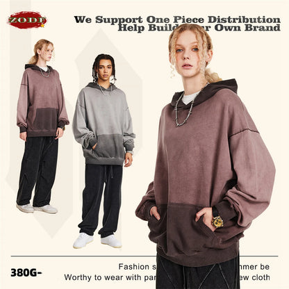 ZODF American Retro Washed Cotton Hoodie For Men Unisex Autumn High Street Oversized Knitted 380gsm Hooded Pullovers Coat HY0913