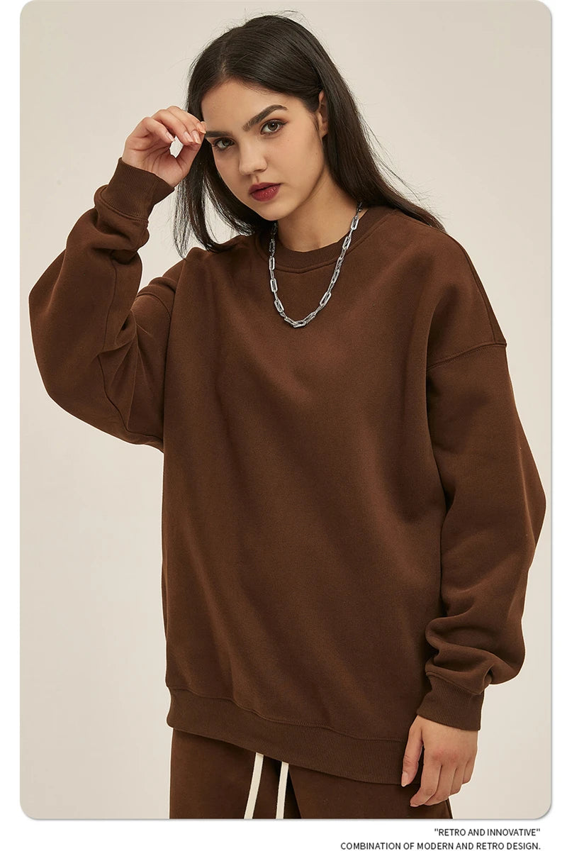 ZODF New 2025 Winter 350gsm Fleece Sweatshirts For Men Unisex Casual Loose Basic Solid O-Neck Thick Warm Pullovers HY0635