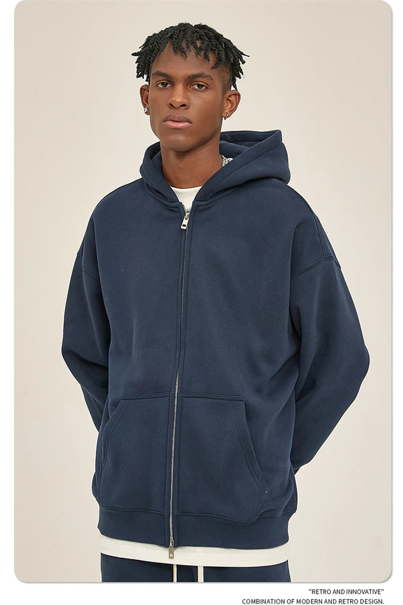 ZODF New Men Double Headed Zipper Fleece Hoodies Unisex Loose Basic Solid Warm Hooded Sweatshirts Coats For Winter HY0633