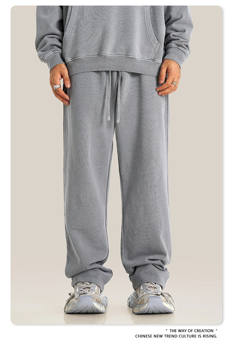 ZODF Retro Men Autumn Washed 380gsm Cotton Unisex High Street Oversized Solid Sport Straight Pants HY0885