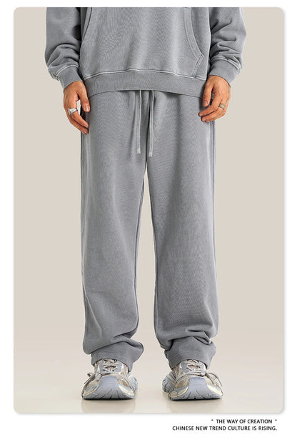 ZODF Retro Men Autumn Washed 380gsm Cotton Unisex High Street Oversized Solid Sport Straight Pants HY0885