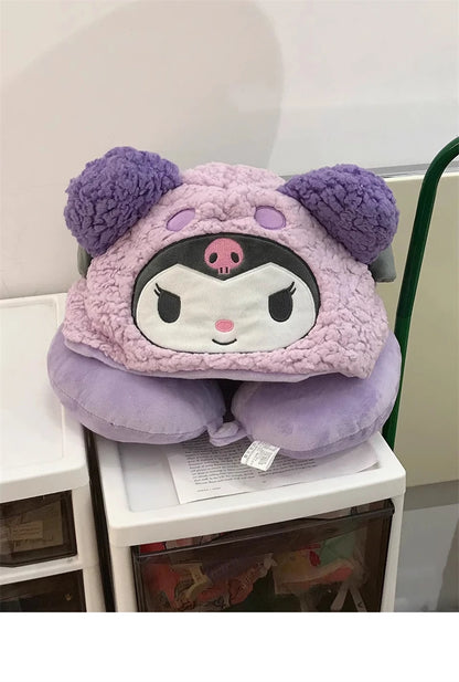 Stuffe Anime Hooded U-shaped Neck Pillow Hello Kitty Kuromi My Melody Travel Blackout Neck Pillow Office Nap Pillow Girl