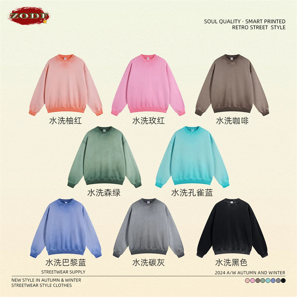 ZODF 2024 Autumn Men's Washed Sweatshirt Unisex Women Retro Solid 430gsm Terry Cotton O Neck Pullovers Coat HY0880