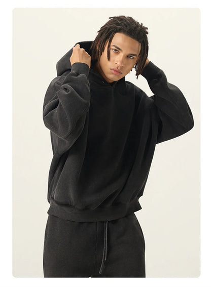 ZODF Vintage 350gsm Man Washed Boxy Fleece Hoodie Unisex Loose Ripped Warm Button Winter Hooded Pullovers Brand Clothing HY0053