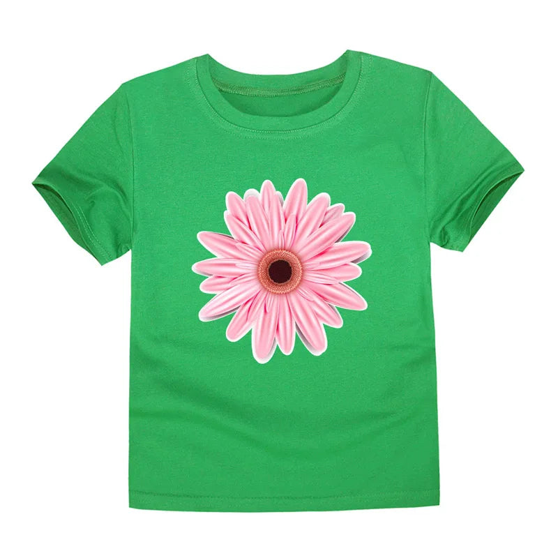 2024 New Kids Girls T-shirt Teen 100% Cotton Flower Butterfly Tshirt Green White Korean Summer Tops Clothing 2 4 6 8 10 12 Years