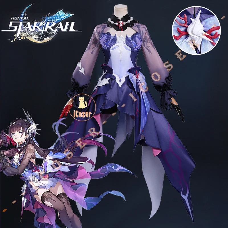 Honkai Star Rail Hysilens Cosplay Costume Wig Dress Headwear Earrings Rings Halloween Party for Women Girls Carnival Role Play