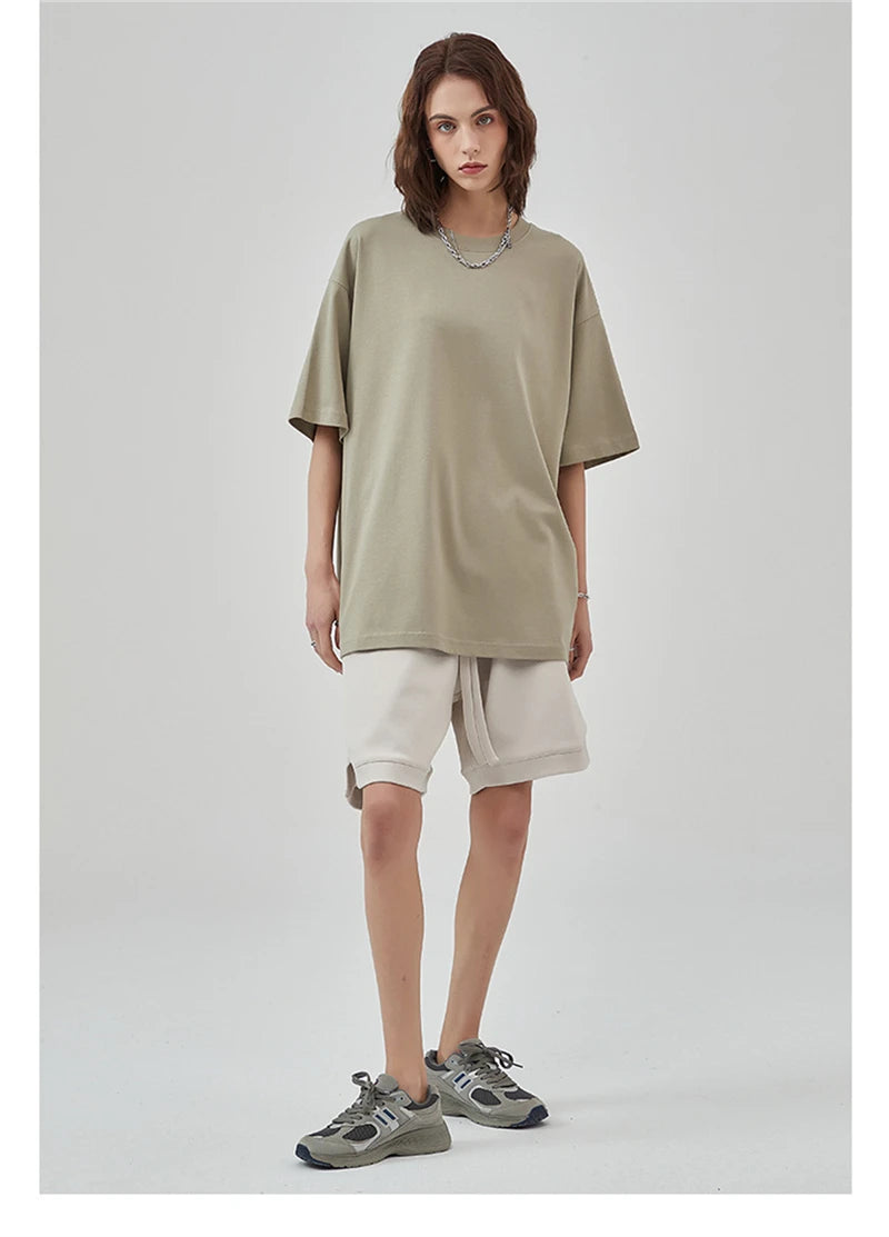 ZODF New Summer Men 275gsm Cotton T Shirts Unisex Women High Street Oversized FG Noshrink Solid T-Shirt Streetwears HY0152