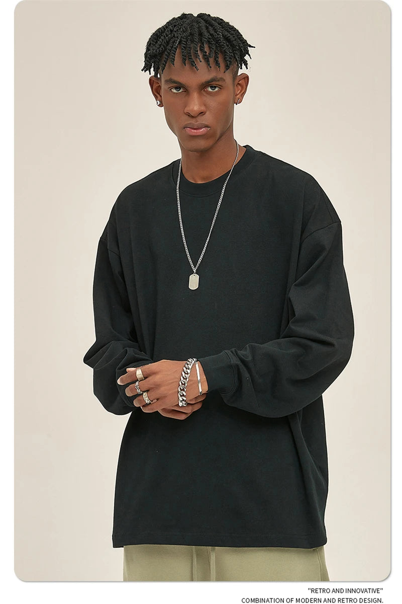 ZODF New 2025 Autumn Men 305gsm 100% Cotton T Shirt Unisex Loose Heavy Weight Basic Long Sleeve Solid T-Shirts Tops HY0634