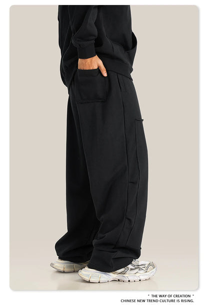 ZODF Fashion 2024 Winter Patches Fleece Straight Pants Retro Unisex Loose Washed 305gsm Warm Soft Trousers Brand Bottoms HY0872