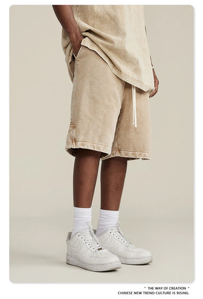 ZODF 2024 Summer Men 350gsm Washed Cotton Shorts Unisex Retro High Street Loose Side Slit Short Pants Streetwears HY0839