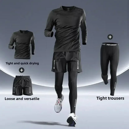 Men’s Fitness Running Set Tight-Fit Quick-Dry Sportswear for Autumn Night Runs Training and Cycling Gear - Brown / 3XL