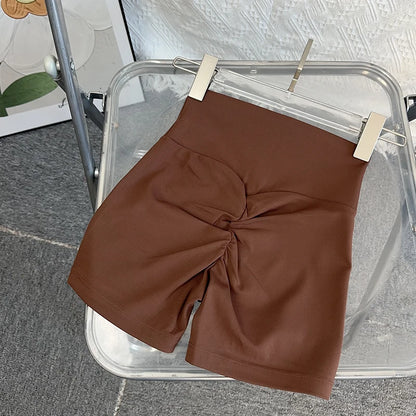 Women Sports High Waist Yoga Legging Shorts Squat Proof Quick Dry Fitness Workout Gym Cycling Tight - Chestnut / L