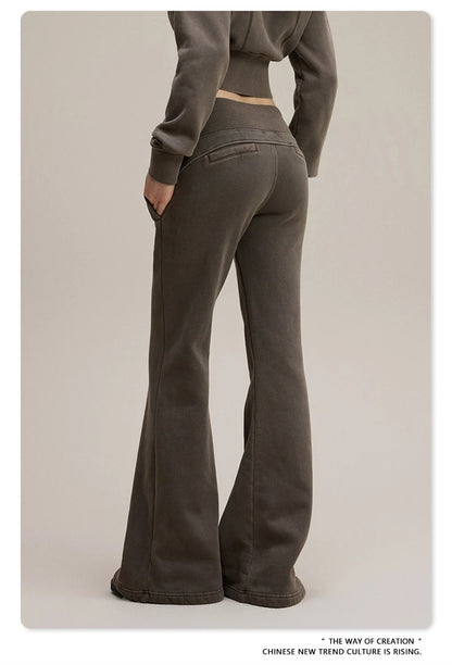 ZODF Retro Winter Women 400gsm Fleece Flared Pants Casual Girls Female Slim Fit Warm Washed Distressed Trousers HY1142