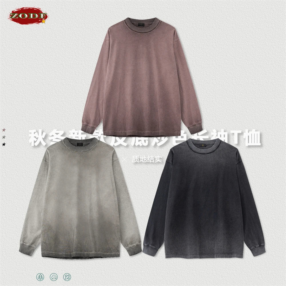 ZODF 2024 Autumn Men's Washed Cotton T-Shirt Unisex Oversized Distressed 250gsm Long Sleeve O Neck T Shirts Tees HY0921