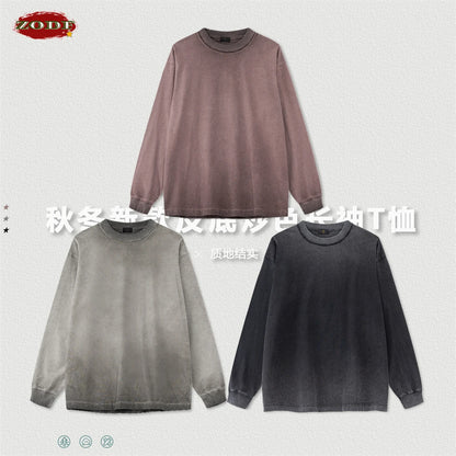 ZODF 2024 Autumn Men's Washed Cotton T-Shirt Unisex Oversized Distressed 250gsm Long Sleeve O Neck T Shirts Tees HY0921