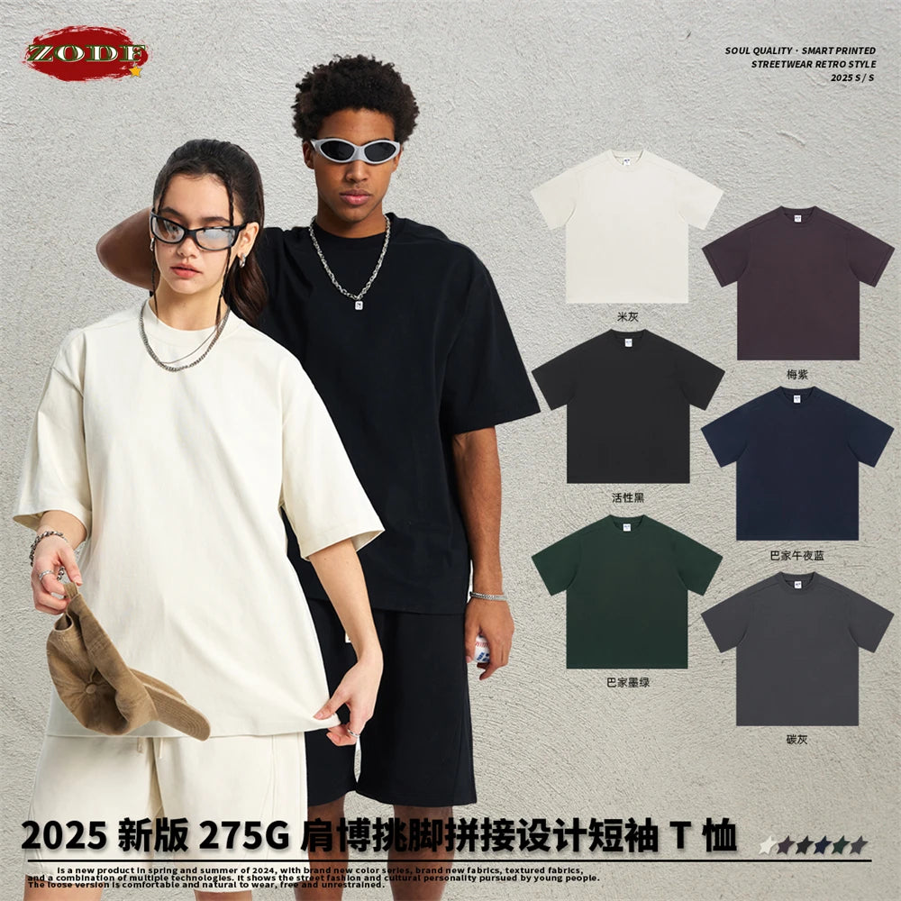ZODF Trendy 2025 Men 275gsm Cotton T-Shirts Unisex Summer Patchwork Solid O Neck T Shirt Brand Tees HY1045