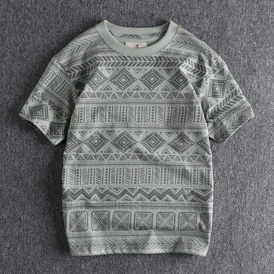 6013# Summer New American Retro Short Sleeve O-neck Geometric Printed T-shirt Men's Fashion 100% Cotton Washed Loose Casual Tops