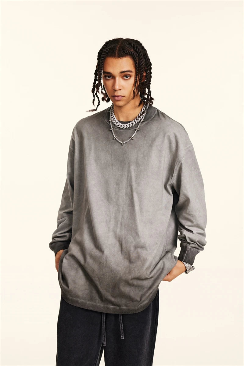 ZODF 2024 Autumn Men's Washed Cotton T-Shirt Unisex Oversized Distressed 250gsm Long Sleeve O Neck T Shirts Tees HY0921