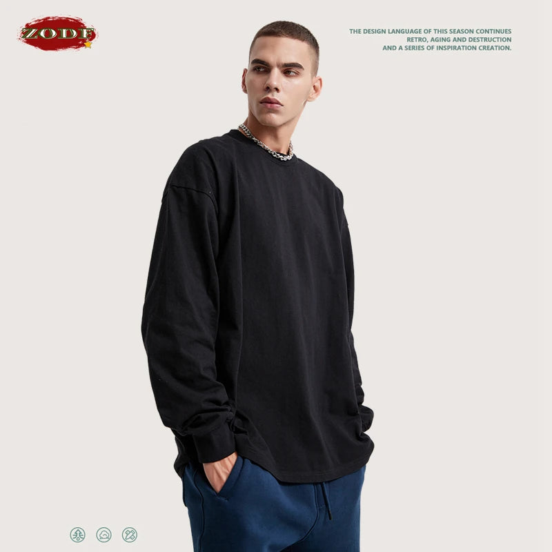ZODF Retro Autumn Full Sleeve Washed 100% Cotton T-Shirts For Men Unisex Solid Casual Loose 310gsm Tee Brand Tops HY0405